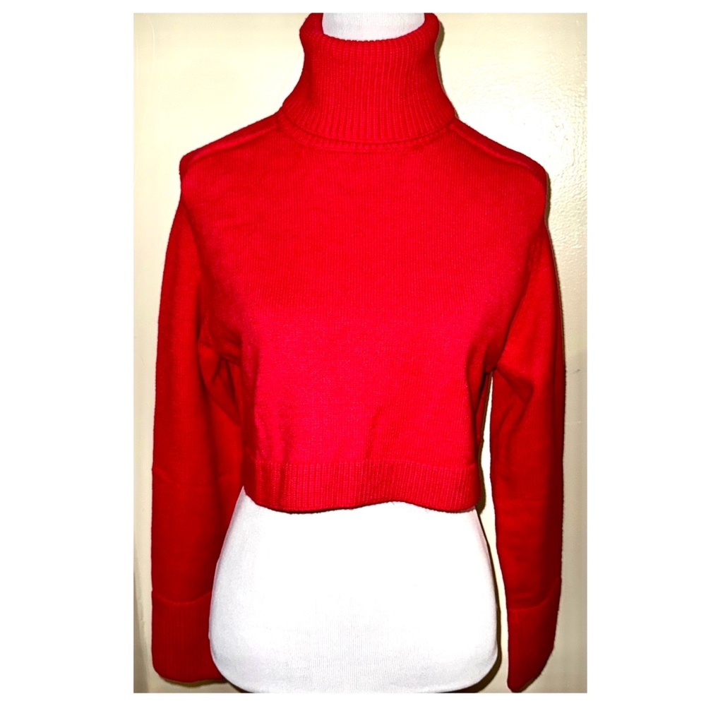 Bright Red Zara Cropped Chunky Knit Turtleneck Sweater, Sz S